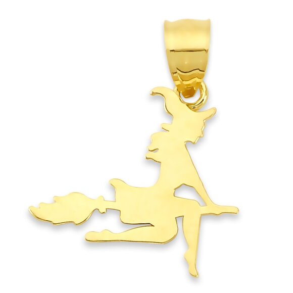 10K Gold Witch on Broomstick Charm - Halloween Witch Charm - Picture 1 of 5